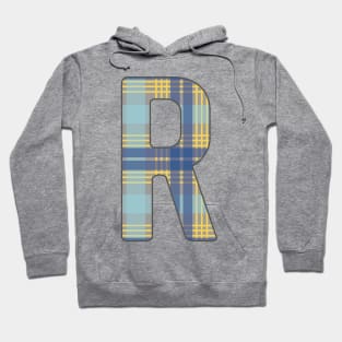 Monogram Letter R, Blue, Yellow and Grey Scottish Tartan Style Typography Design Hoodie